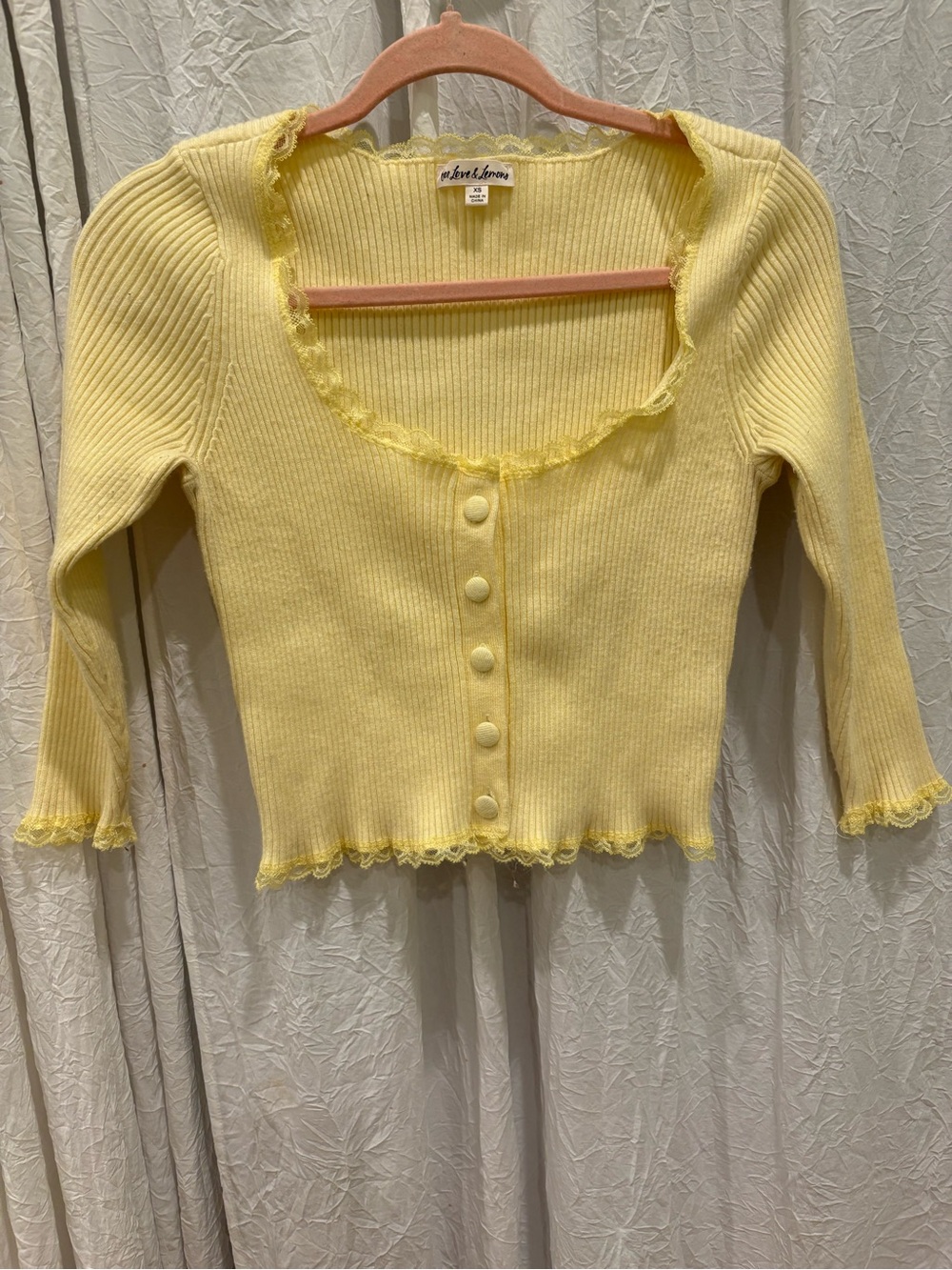 For Love & Lemons Pale Yellow Ribbed Ruffle-Trim Cardigan